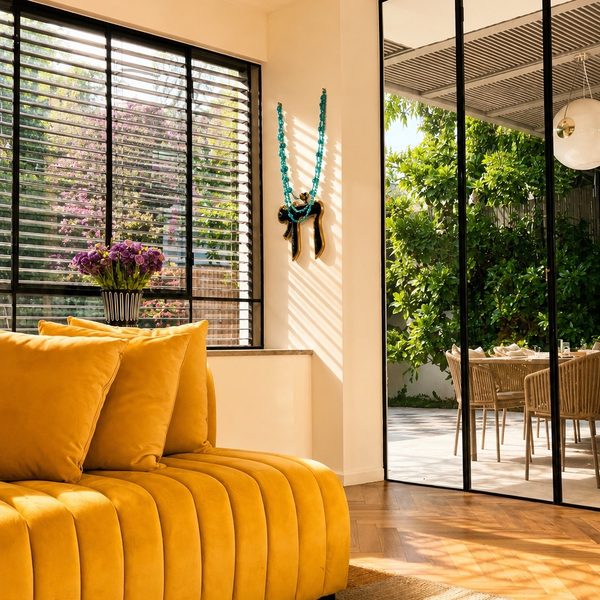 HAI in deep green enamel and gold above a mustard velvet sofa
